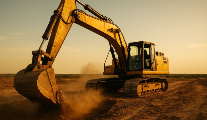 A modern excavator operating autonomously on a dusty Texas construction site, cab empty, moving earth on a large civil infrastructure project