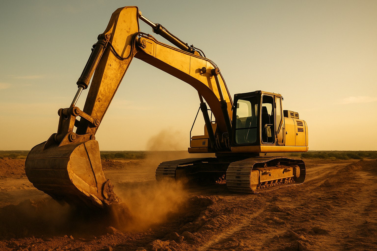 A modern excavator operating autonomously on a dusty Texas construction site, cab empty, moving earth on a large civil infrastructure project
