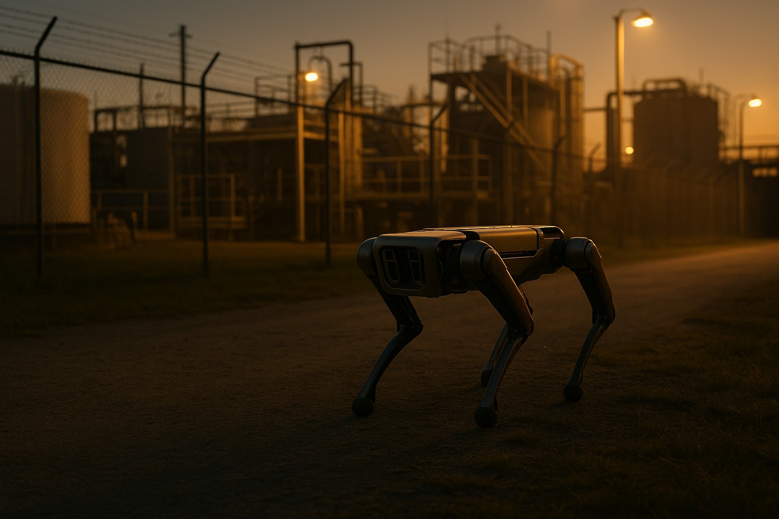 A four-legged quadruped robot dog patrolling an outdoor facility at dusk, cinematic lighting
