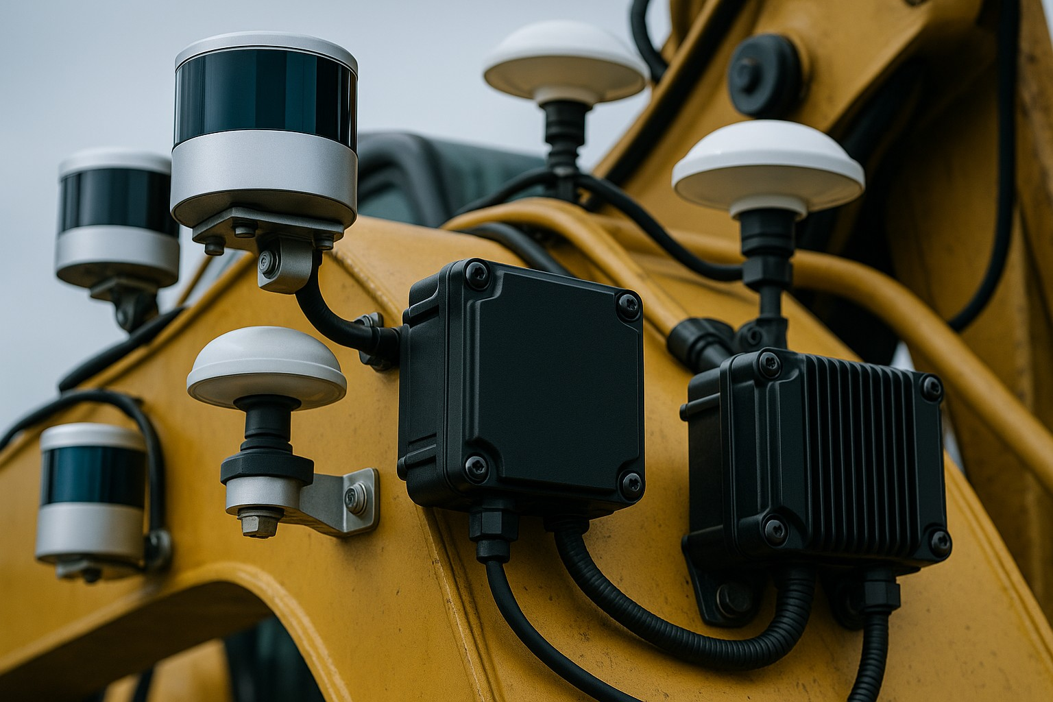 Close-up of lidar sensors and compute hardware mounted to the exterior of a modern excavator, detailed technical gear on heavy construction equipment
