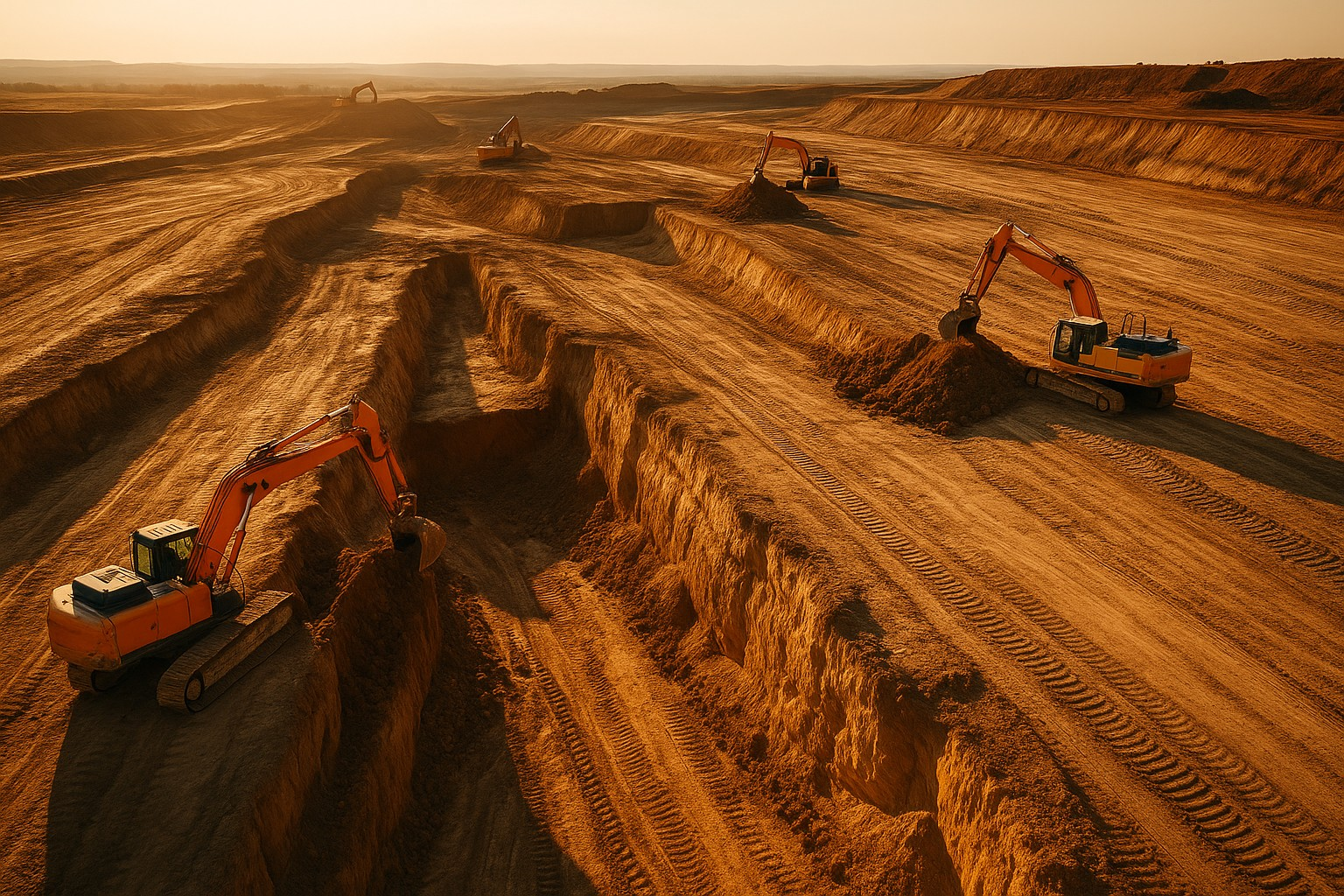 Wide aerial view of a large civil construction site with excavators working on earthworks, dramatic golden-hour lighting