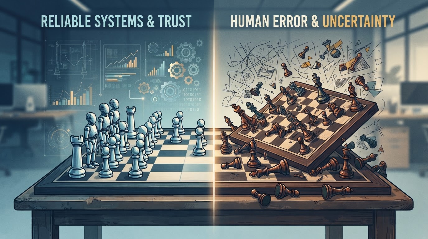 Chess pieces illustrating the strategic reliability gap between AI and human decision-making