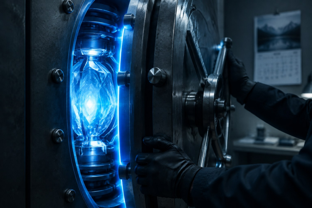 A gloved pair of hands closing a heavy vault door on a glowing crystalline AI core, representing OpenAI shelving GPT-6.1 Astra before release