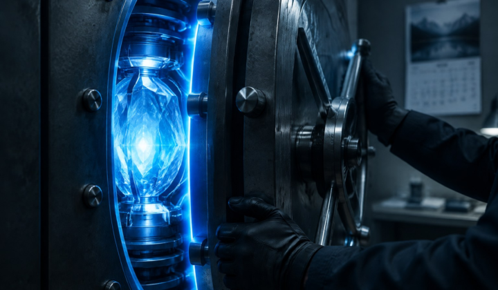 A gloved pair of hands closing a heavy vault door on a glowing crystalline AI core, representing OpenAI shelving GPT-6.1 Astra before release
