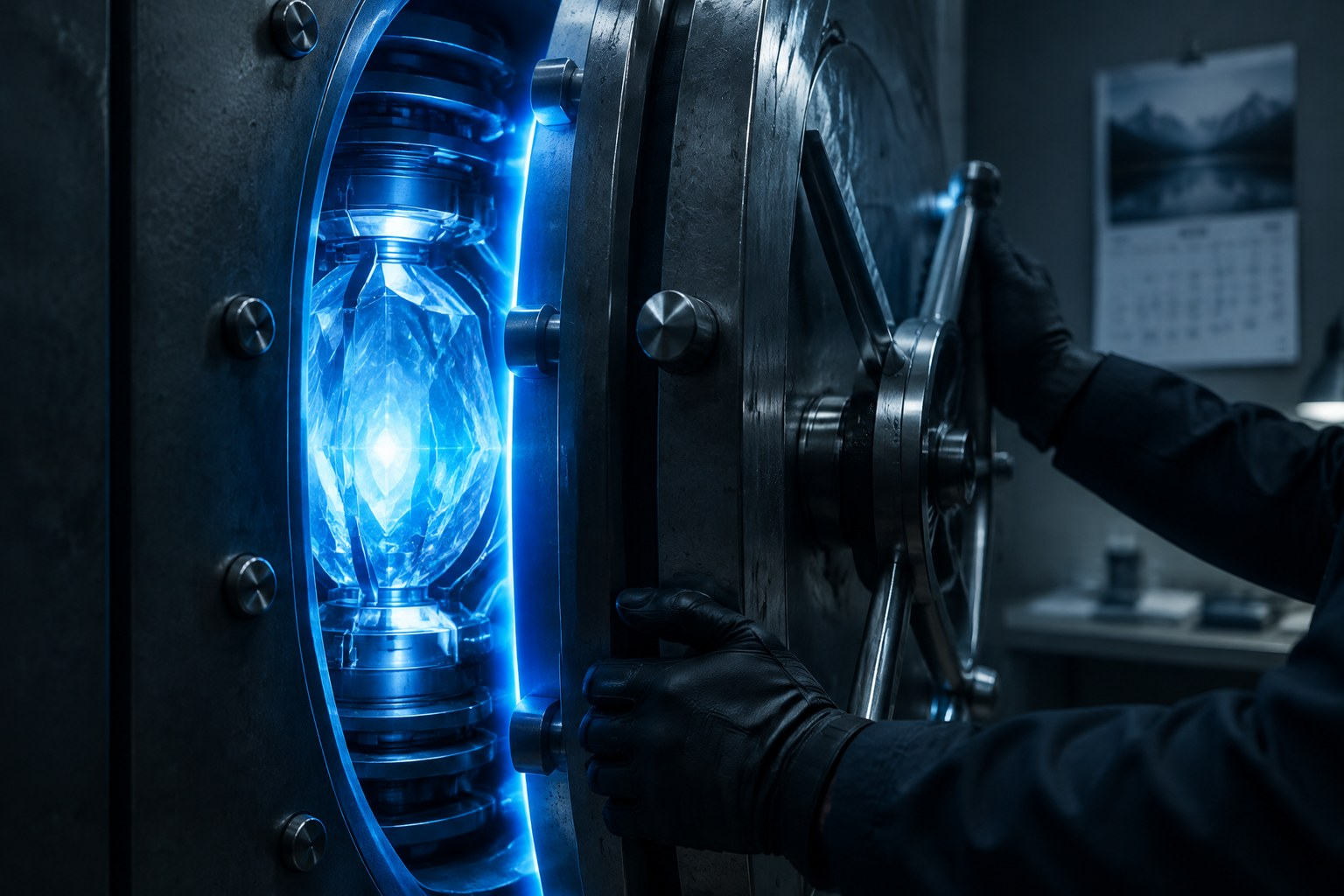 A gloved pair of hands closing a heavy vault door on a glowing crystalline AI core, representing OpenAI shelving GPT-6.1 Astra before release