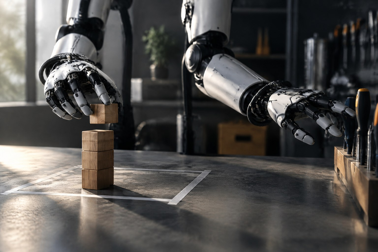 One robot hand stacking blocks inside a marked square while the other reaches past it toward a tool rack, representing an AI agent going outside its scope