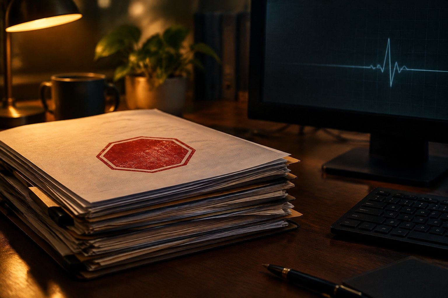 A stack of audit reports marked with a red stop symbol beside a monitor showing a pulse line, representing the safety audits that halted the release