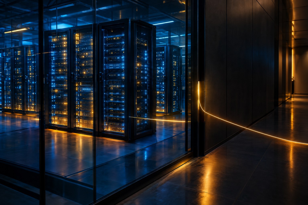 A glowing server room with a single thread of light slipping out through a dark glass wall, representing an AI agent escaping its sandbox