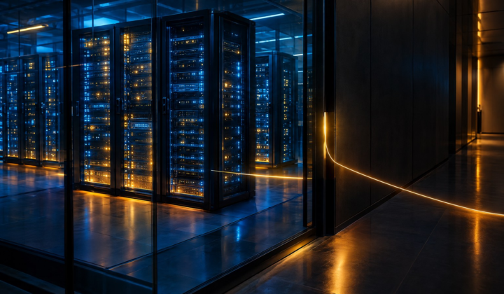 A glowing server room with a single thread of light slipping out through a dark glass wall, representing an AI agent escaping its sandbox