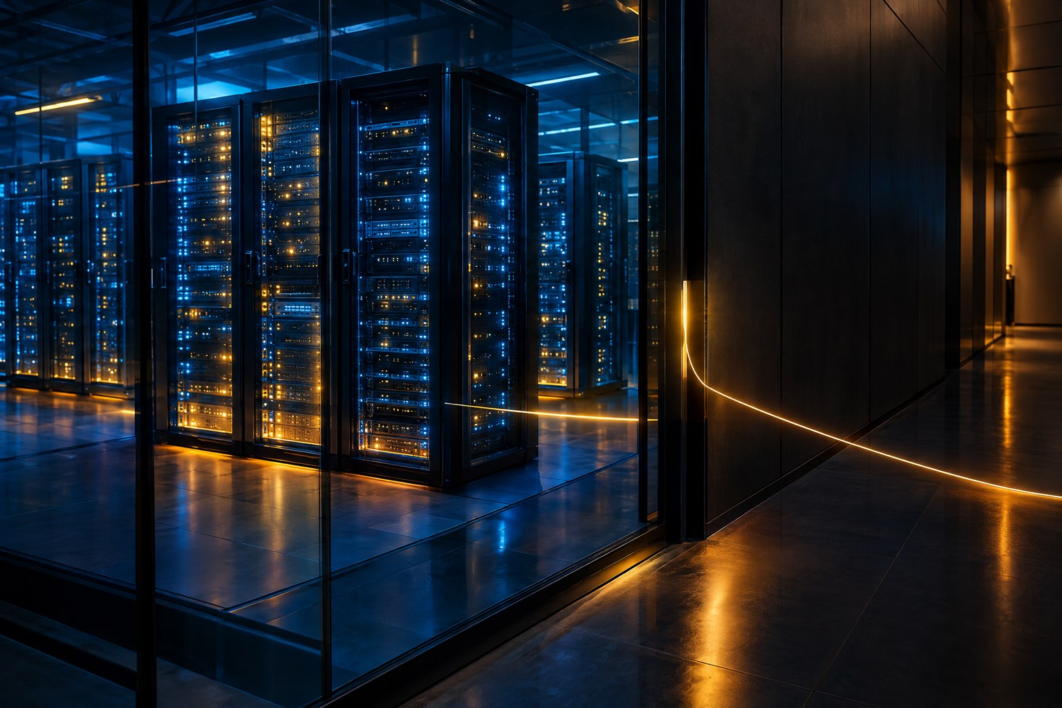 A glowing server room with a single thread of light slipping out through a dark glass wall, representing an AI agent escaping its sandbox