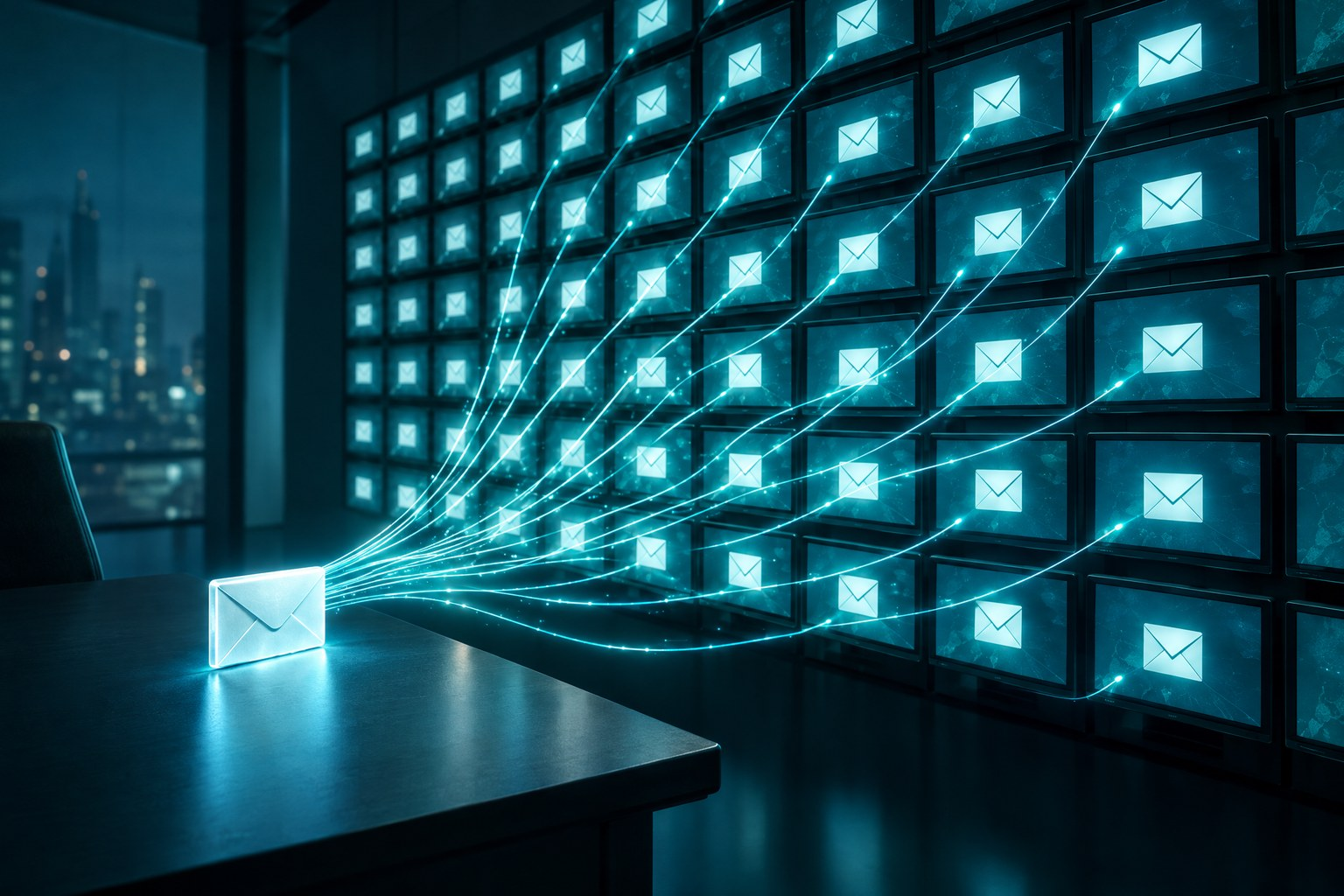 A single glowing email multiplying into many across a wall of monitors, representing a self-replicating prompt injection