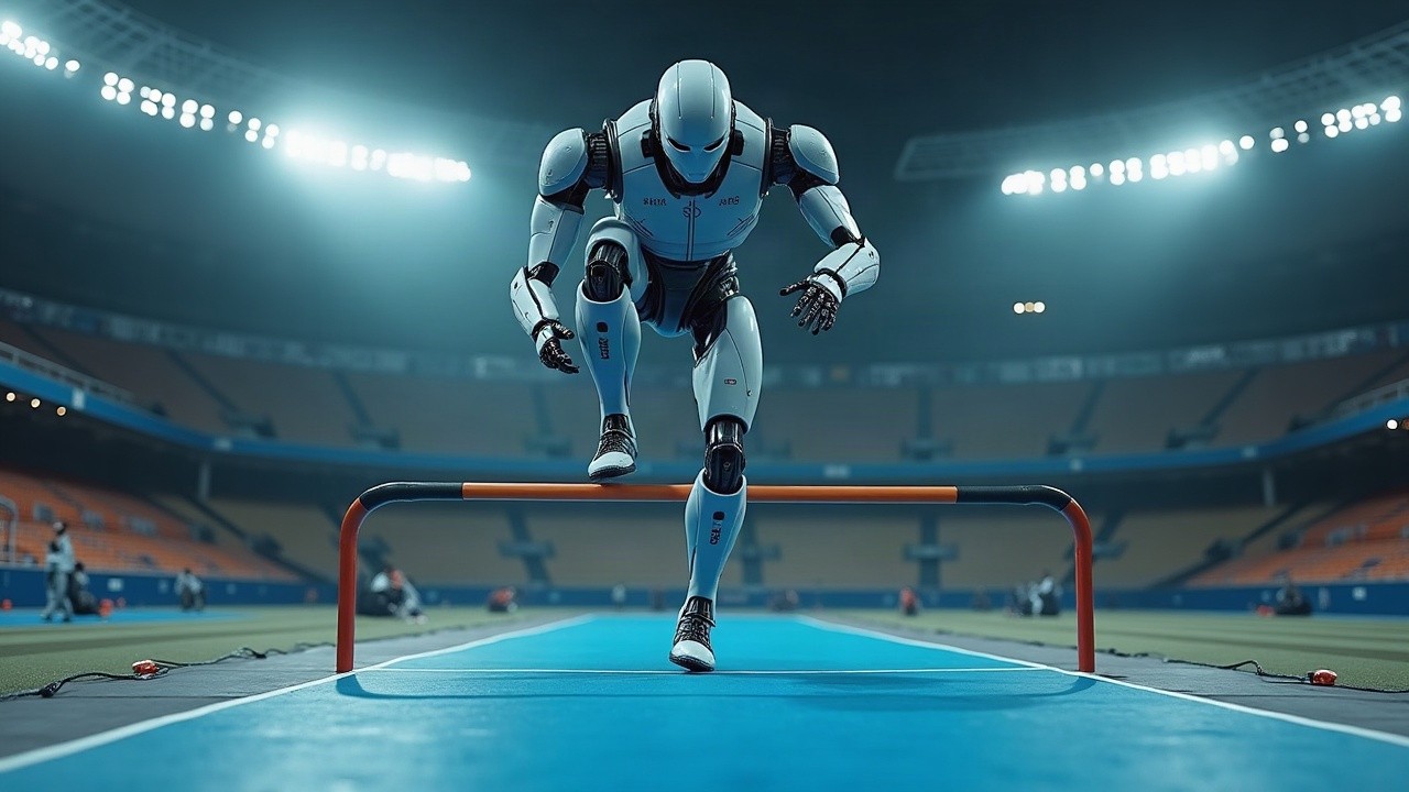 Humanoid robot clearing the high jump bar at the World Humanoid Robot Games in Beijing