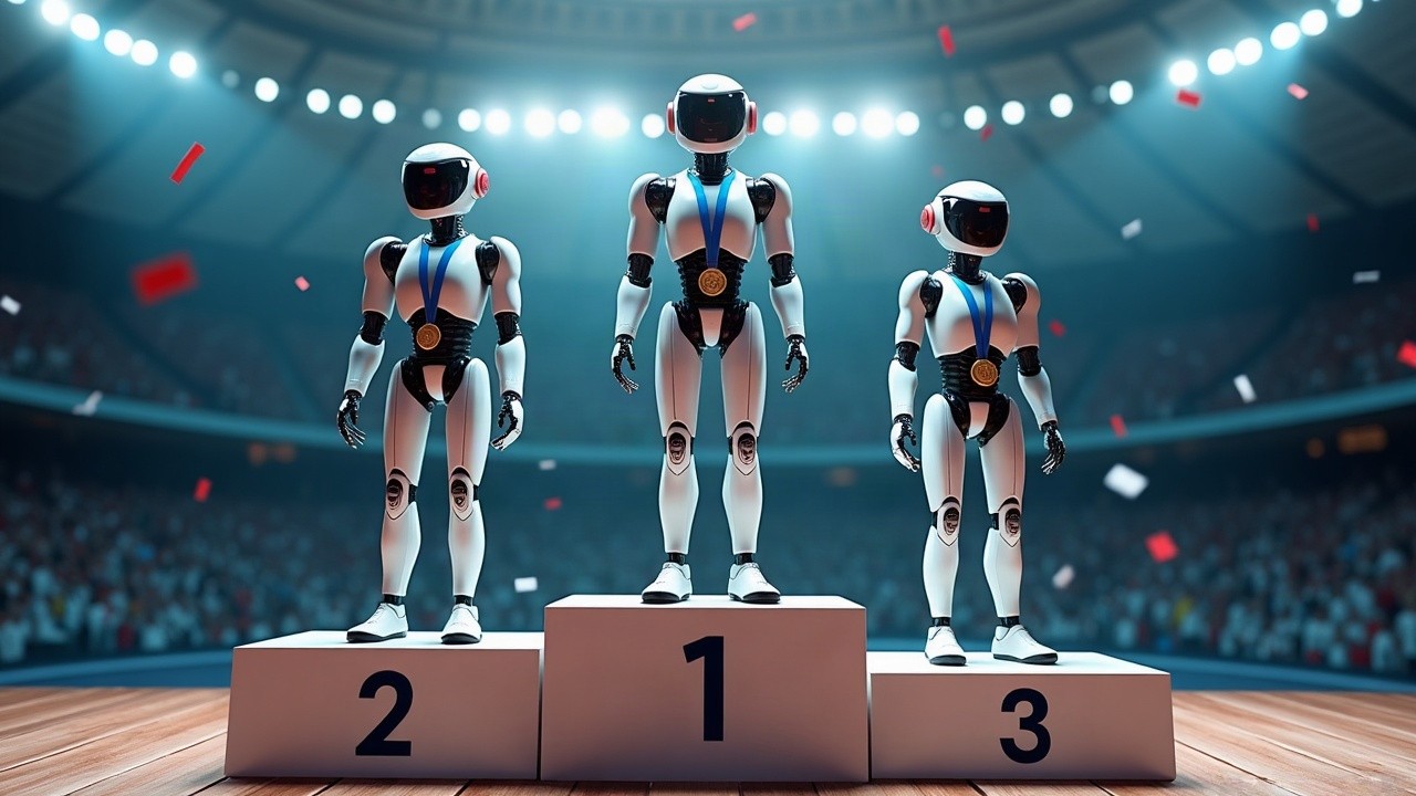 Humanoid robots standing on an Olympic-style podium at the Beijing robotics competition