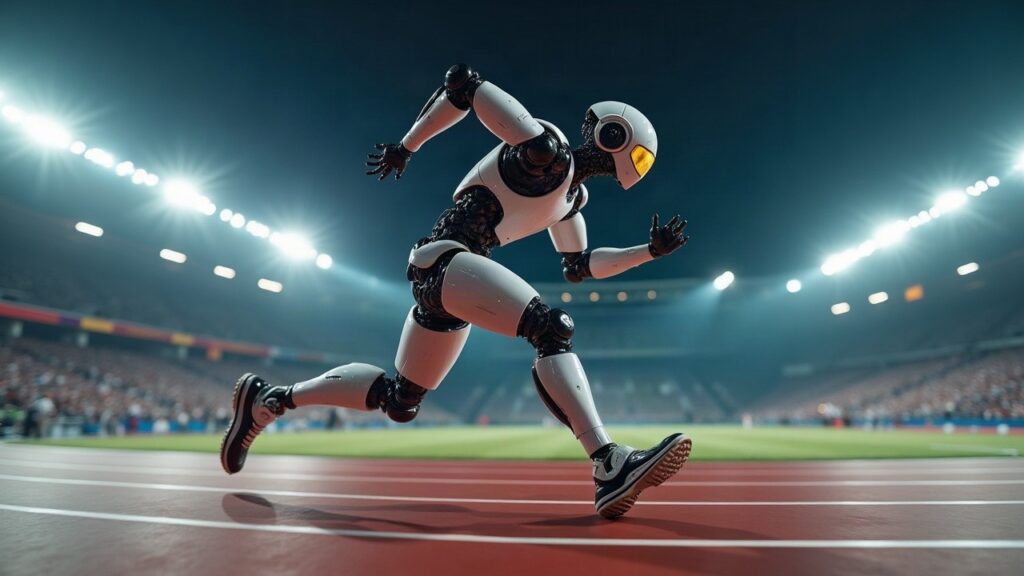 Humanoid robot sprinting at full speed on a world-class running track during the Beijing World Humanoid Robot Games