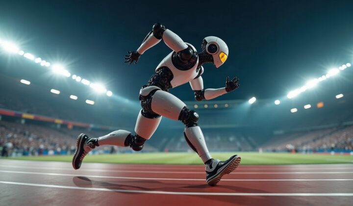 Humanoid robot sprinting at full speed on a world-class running track during the Beijing World Humanoid Robot Games
