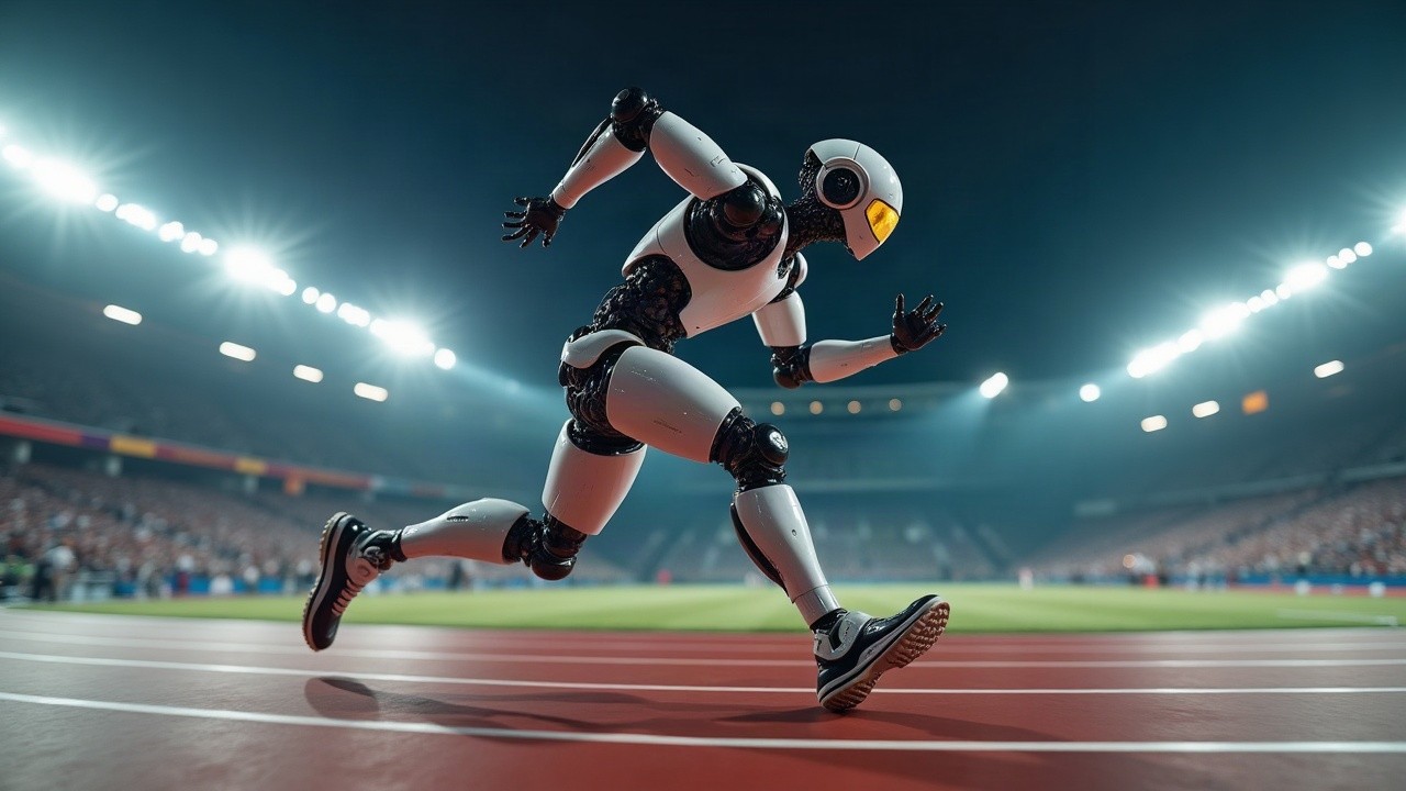 Humanoid robot sprinting at full speed on a world-class running track during the Beijing World Humanoid Robot Games