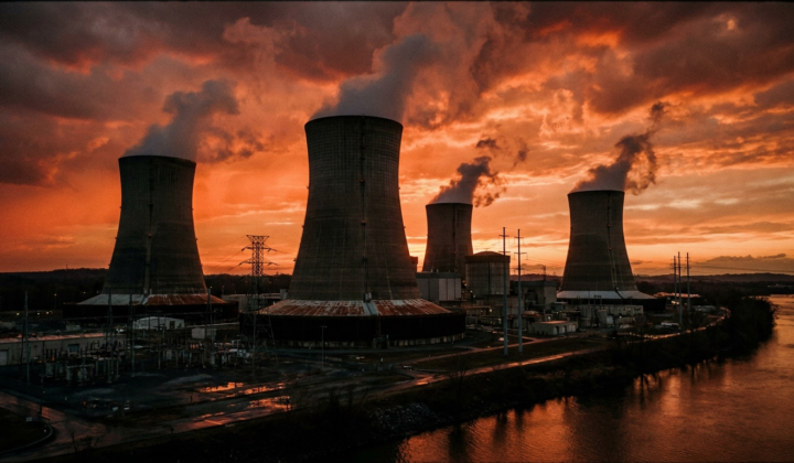 Three Mile Island nuclear cooling towers at dusk
