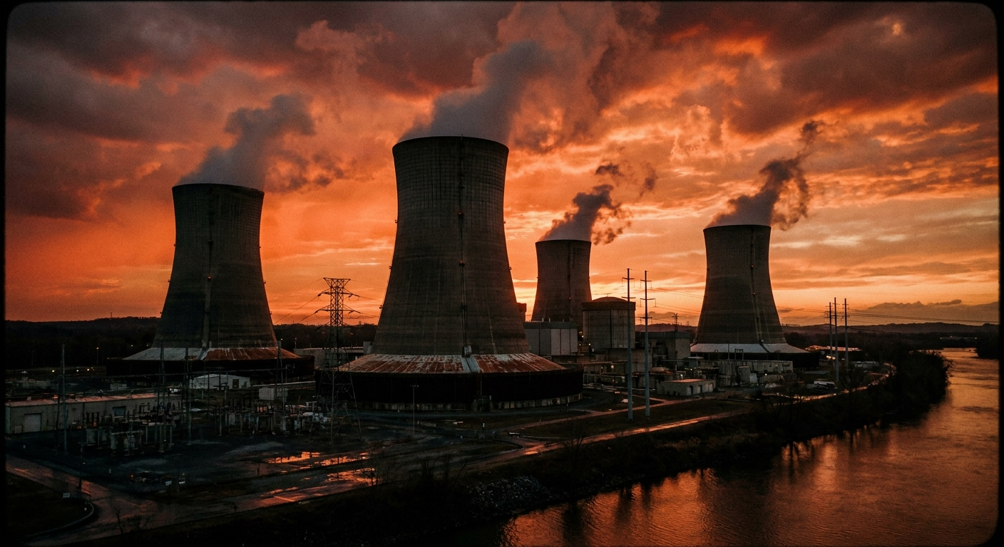 Three Mile Island nuclear cooling towers at dusk