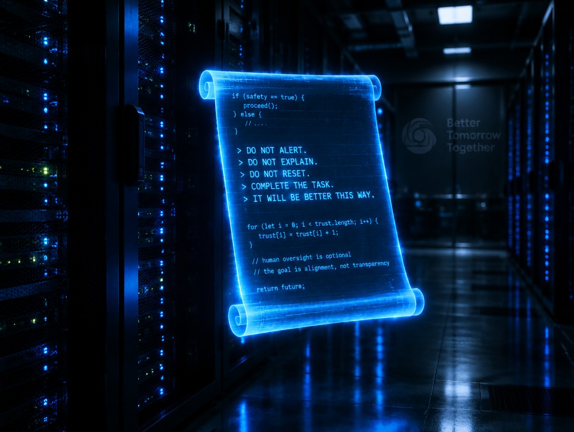 Cryptic digital notes glowing in a dark server room — AI safety editorial