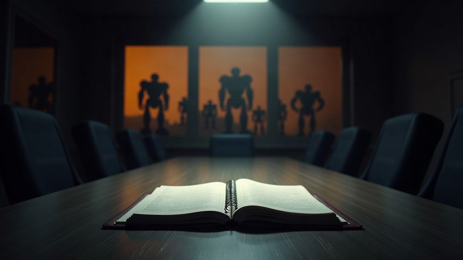 An empty boardroom with an open ledger and robot silhouettes in the window
