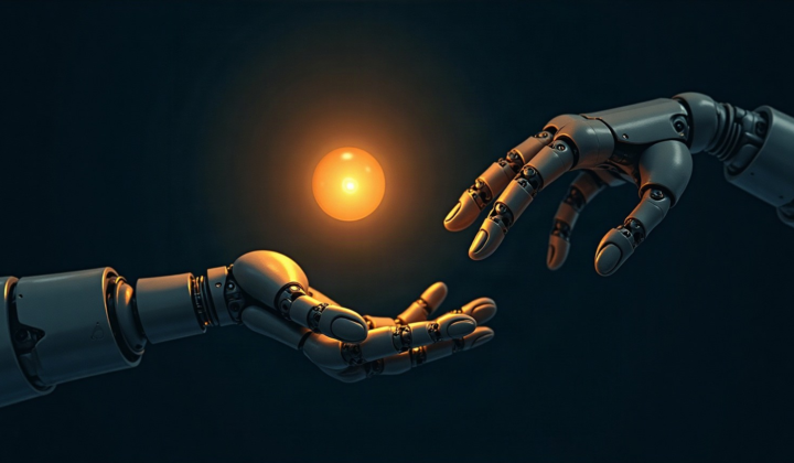 Two robotic hands passing a glowing orb of light