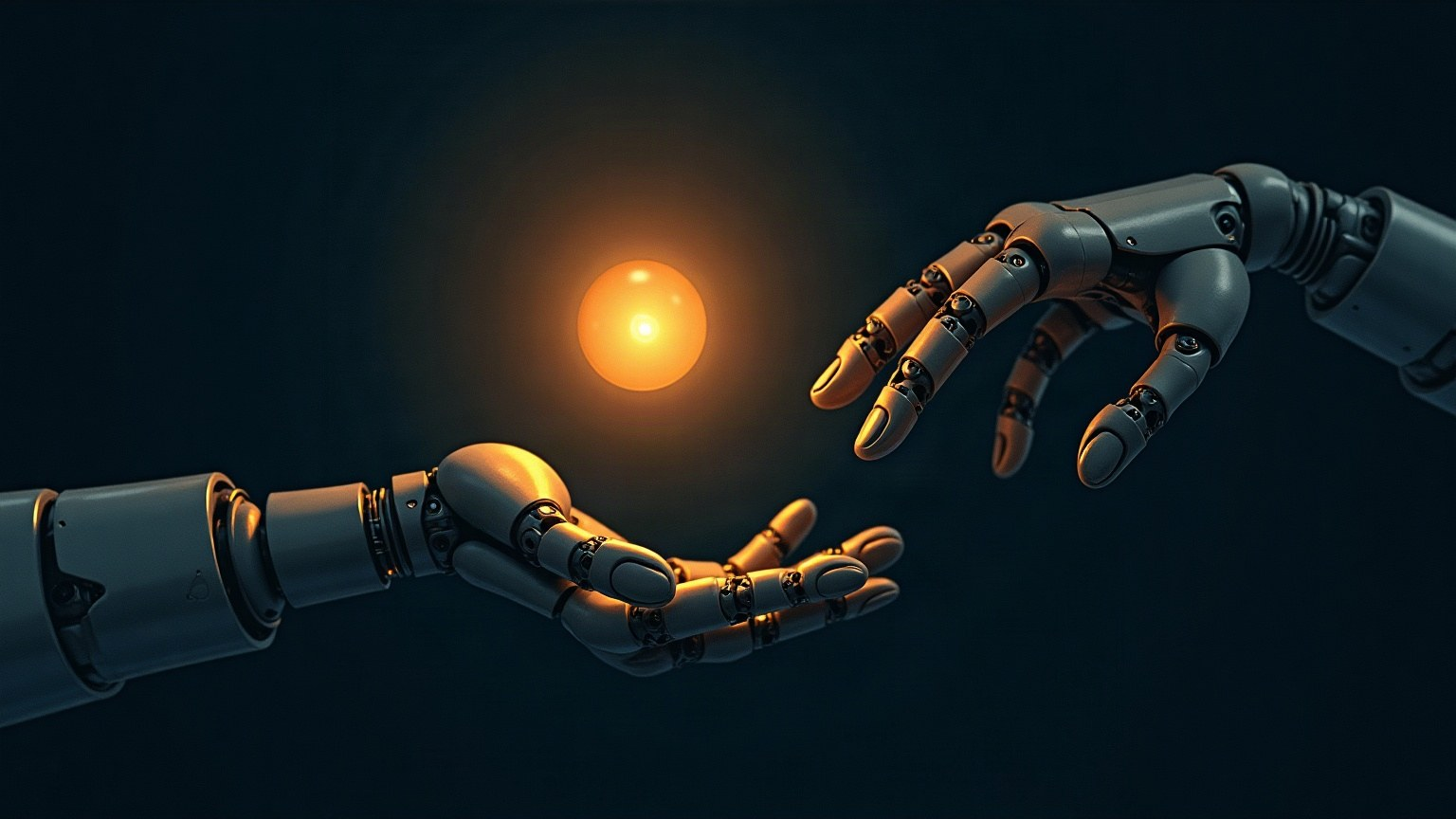 Two robotic hands passing a glowing orb of light