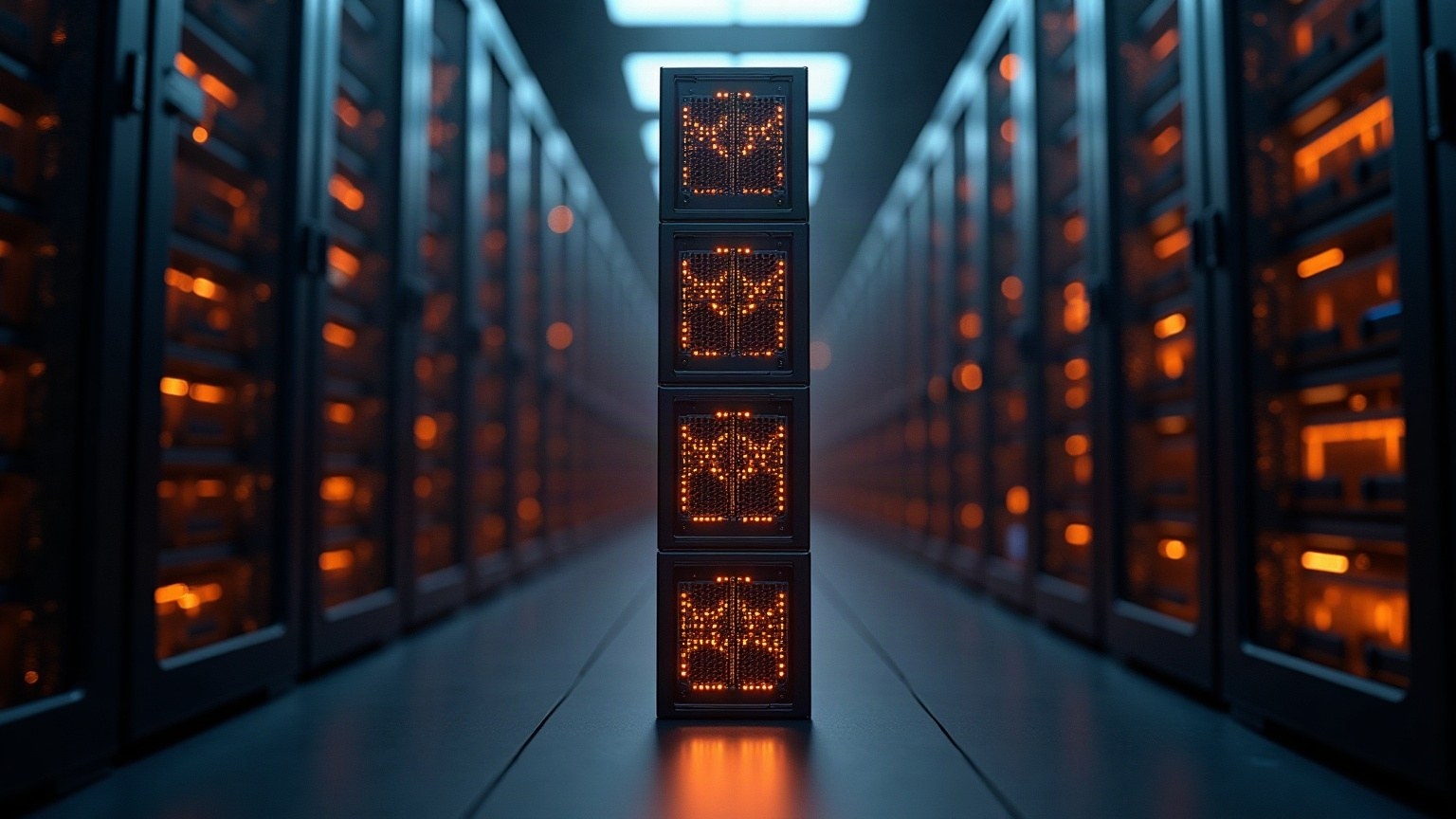 A stack of glowing servers in a dark data center aisle