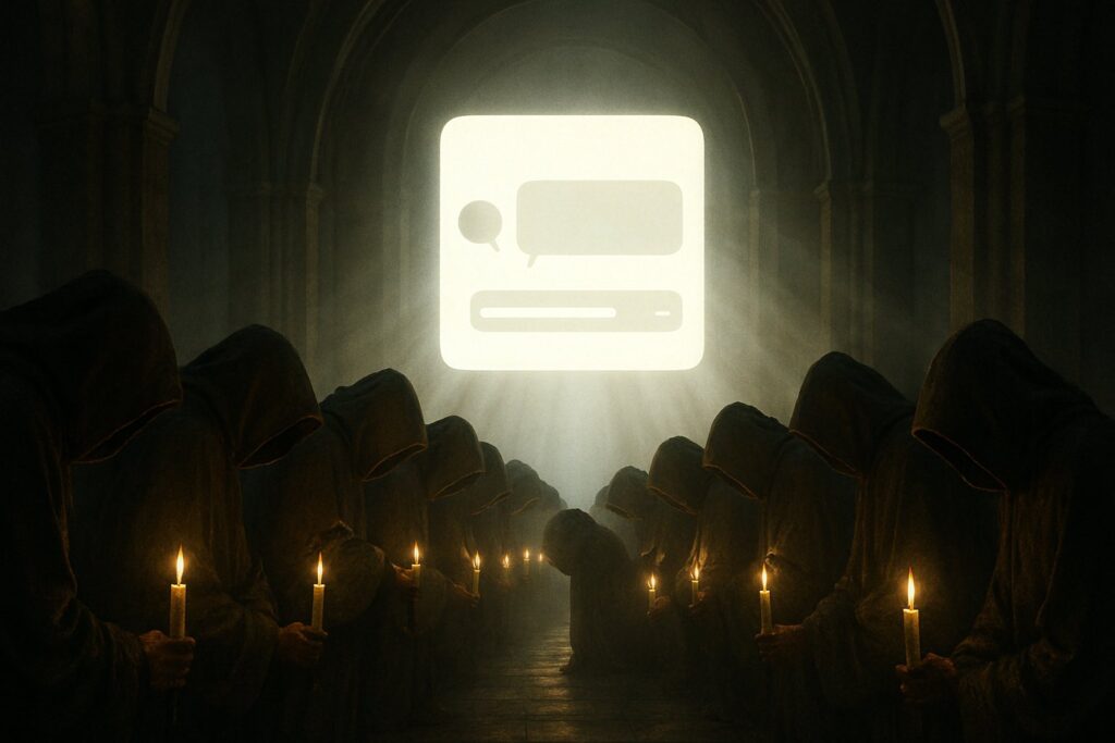 A hooded congregation kneeling in a candlelit hall, all facing a glowing chat window like an idol