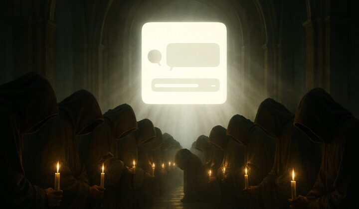 A hooded congregation kneeling in a candlelit hall, all facing a glowing chat window like an idol