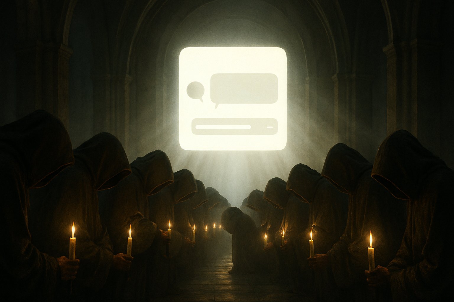 A hooded congregation kneeling in a candlelit hall, all facing a glowing chat window like an idol