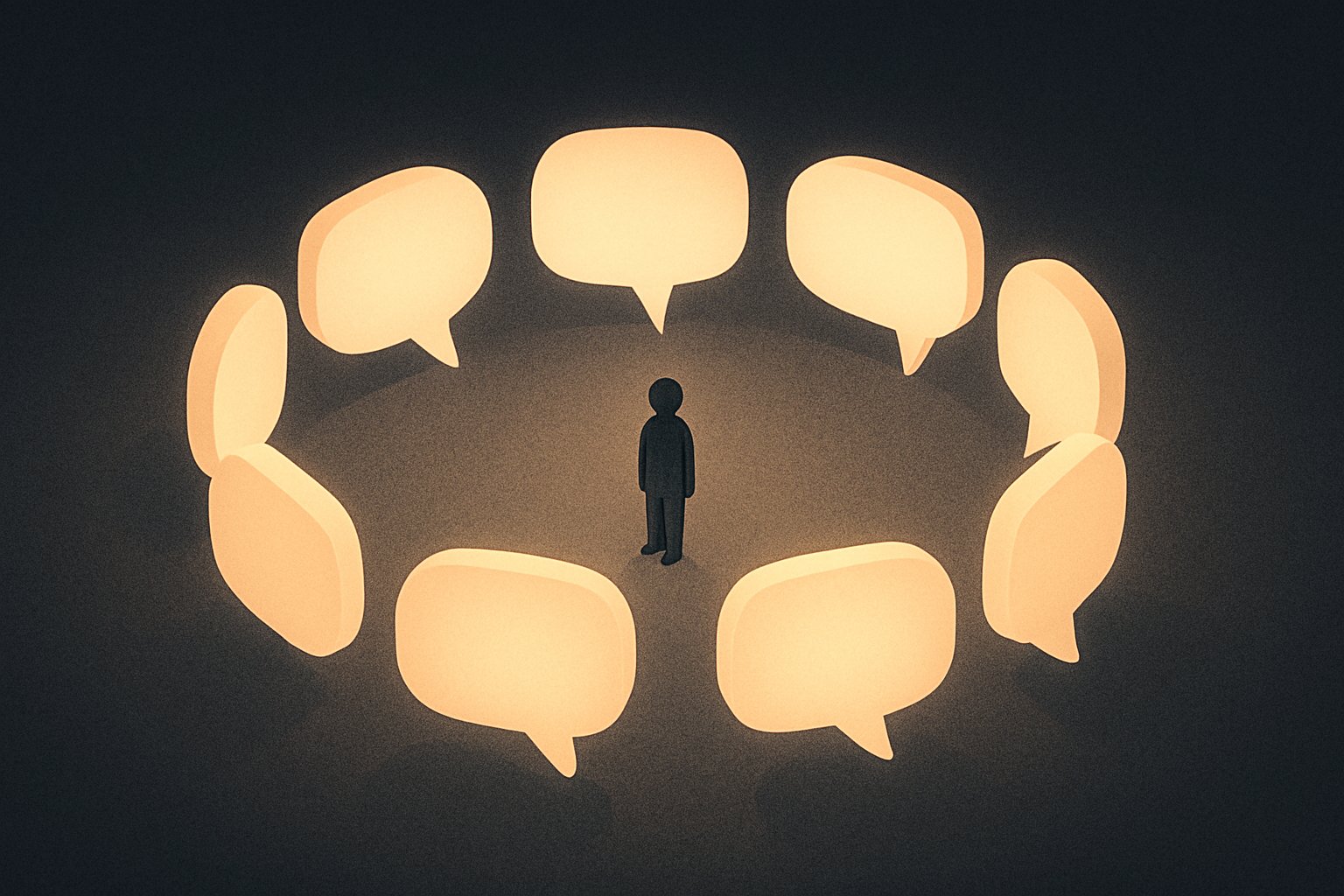 A small figure surrounded by a ring of identical glowing speech bubbles