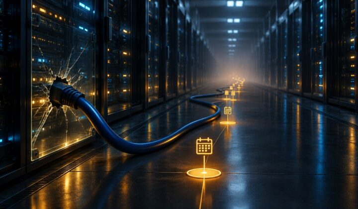 Server room corridor with a network cable pulled through cracked glass and calendar markers on the floor.