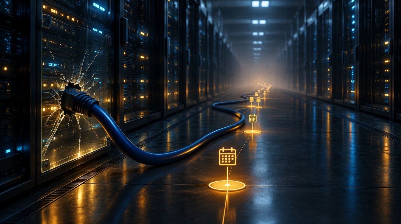 Server room corridor with a network cable pulled through cracked glass and calendar markers on the floor.