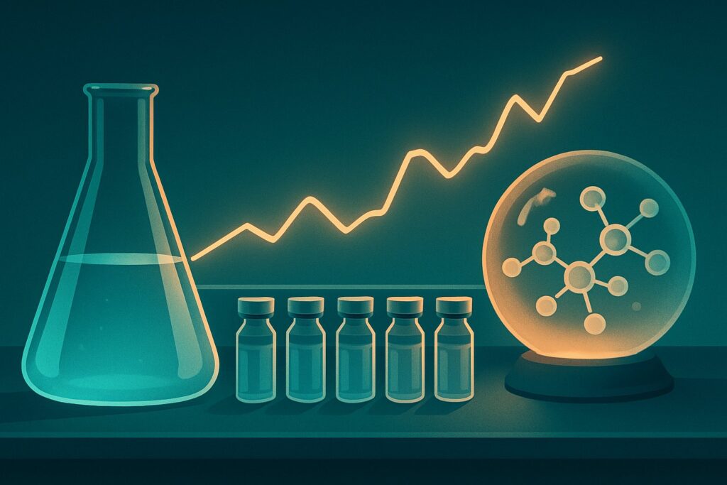 Glass flask and vials on a lab bench beside a glowing forecast line chart and a crystal ball of molecules