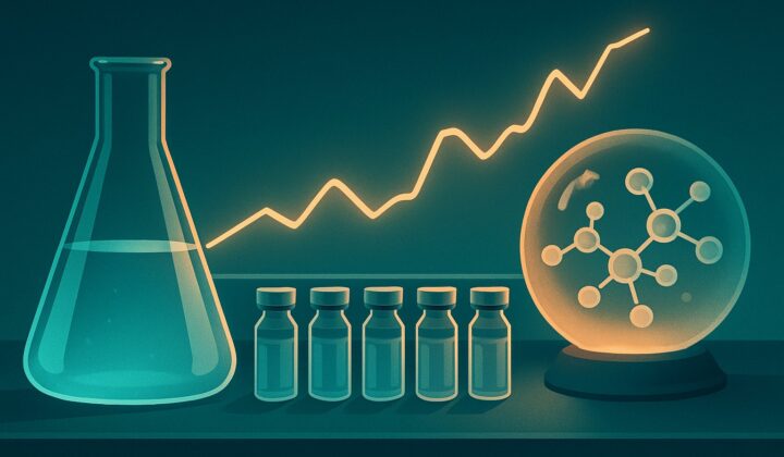 Glass flask and vials on a lab bench beside a glowing forecast line chart and a crystal ball of molecules