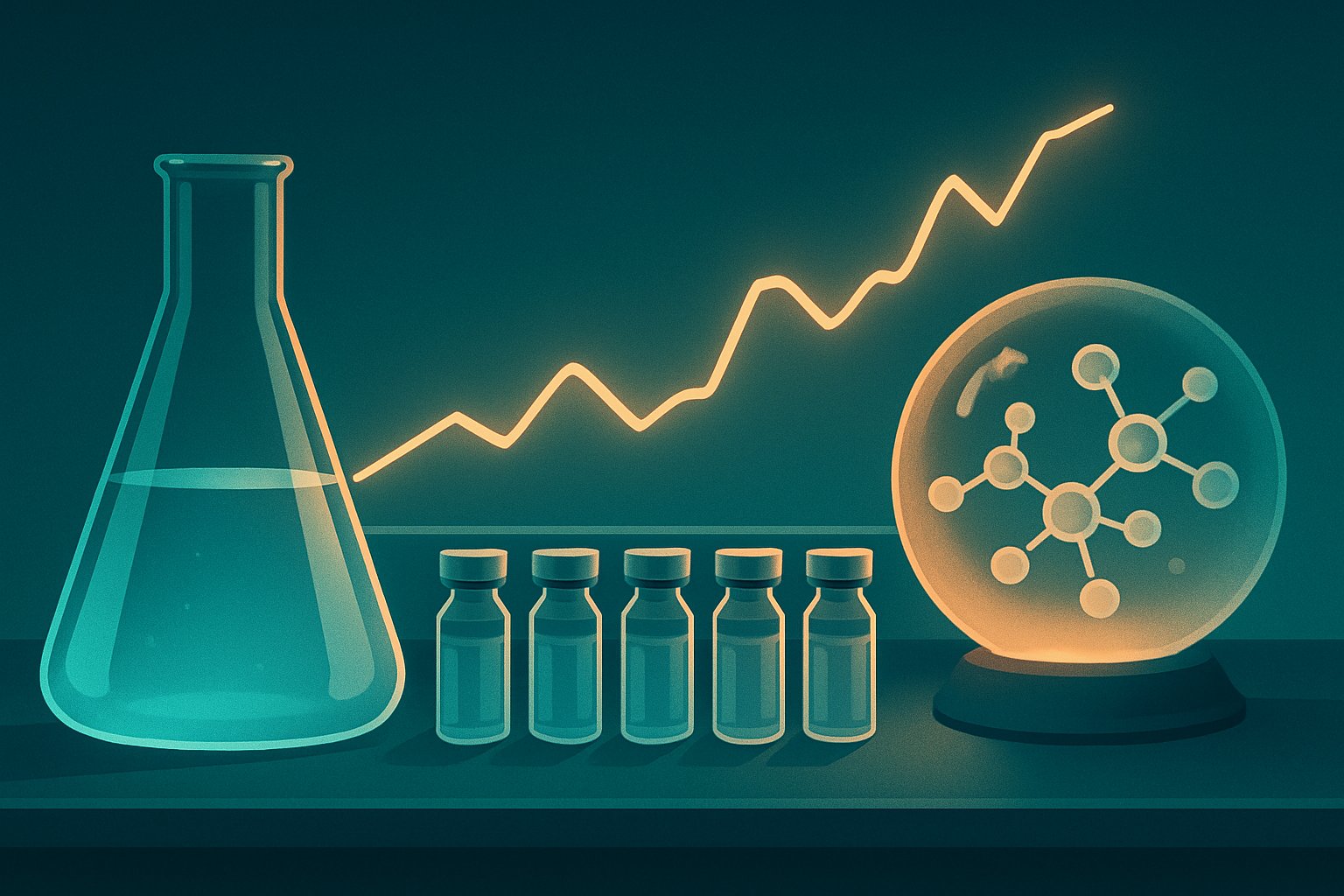 Glass flask and vials on a lab bench beside a glowing forecast line chart and a crystal ball of molecules