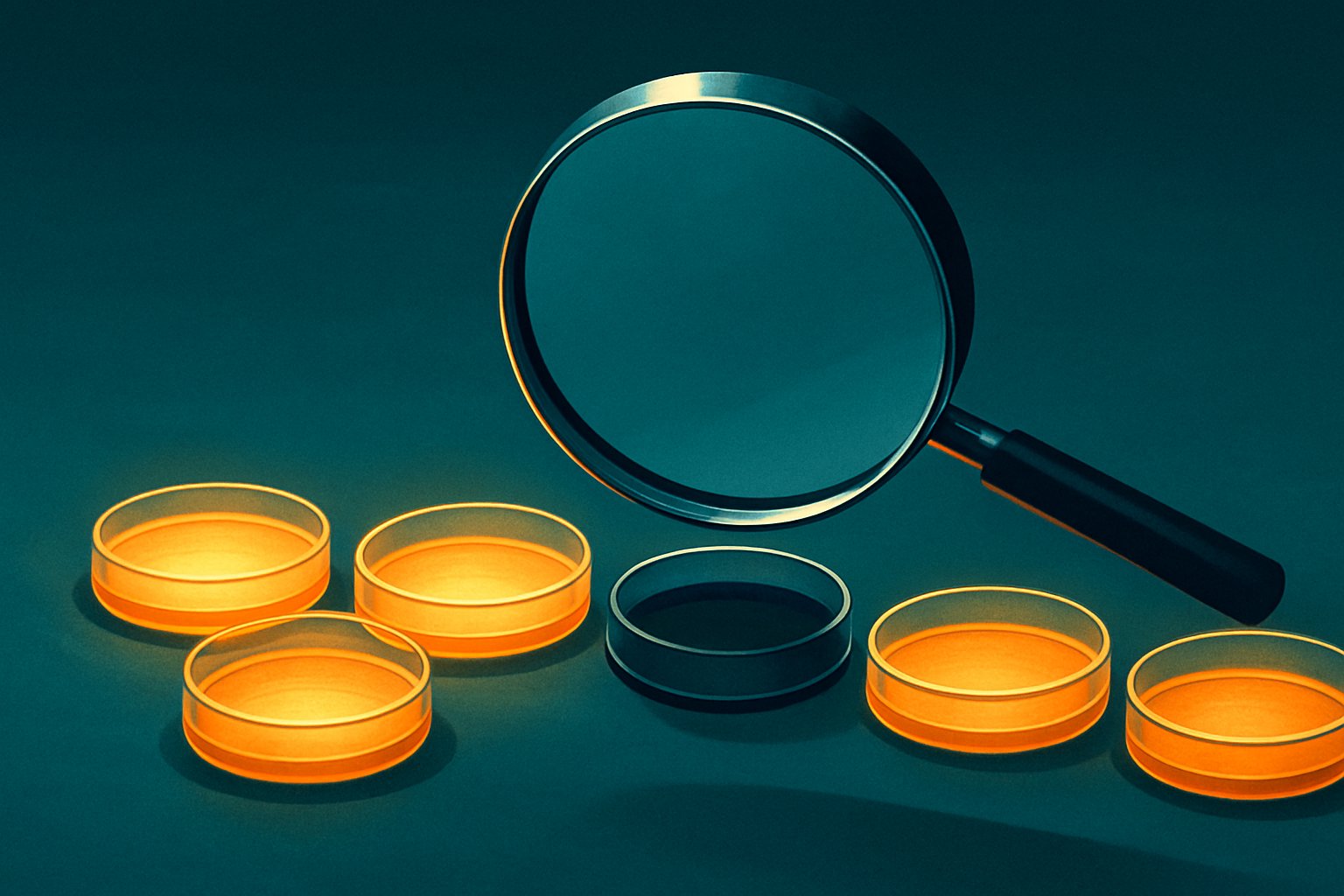 Five glowing petri dishes and one dark one under a magnifying glass