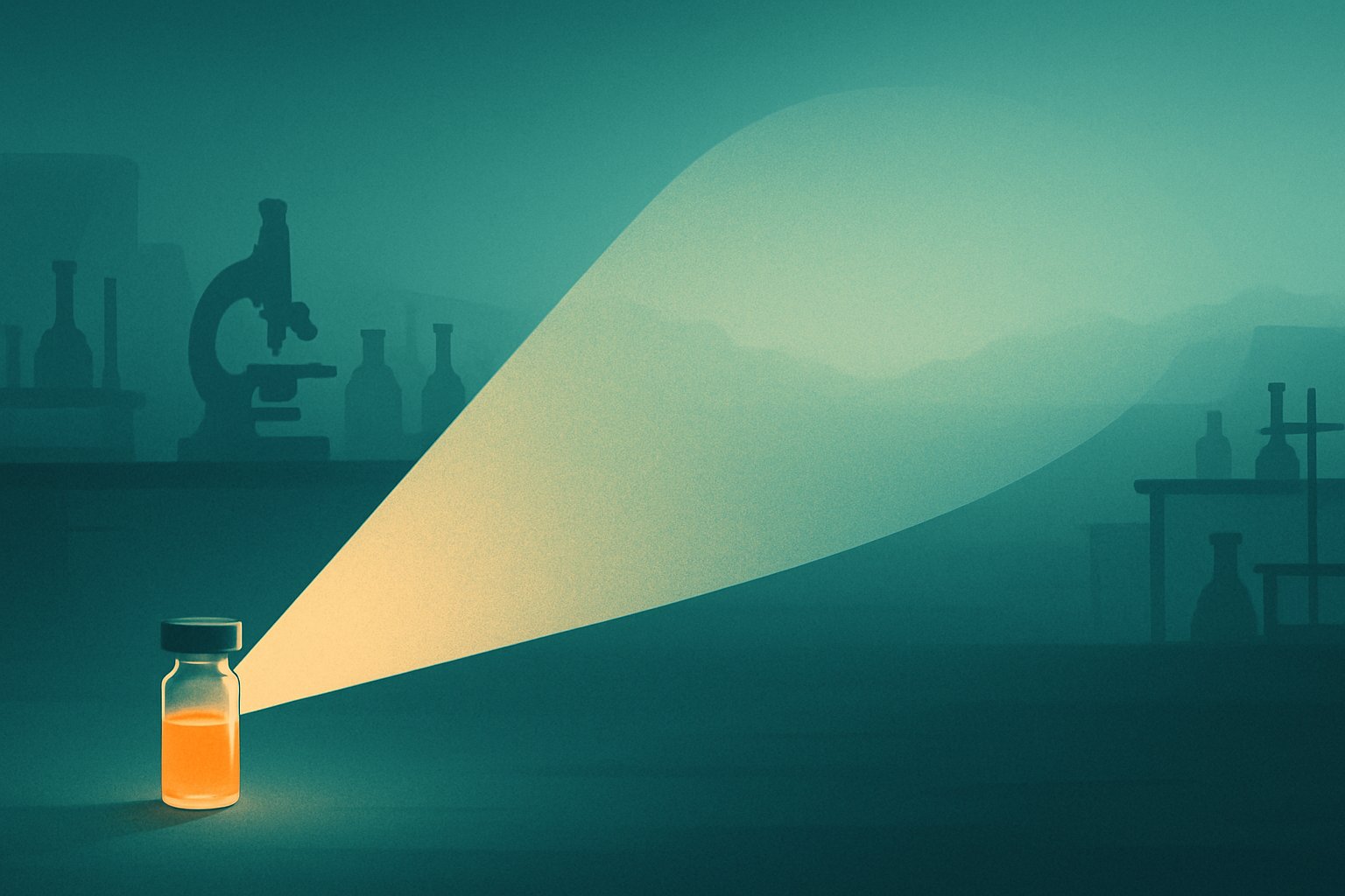 A hazy forecast cone spreading from a single lit vial across a dim laboratory
