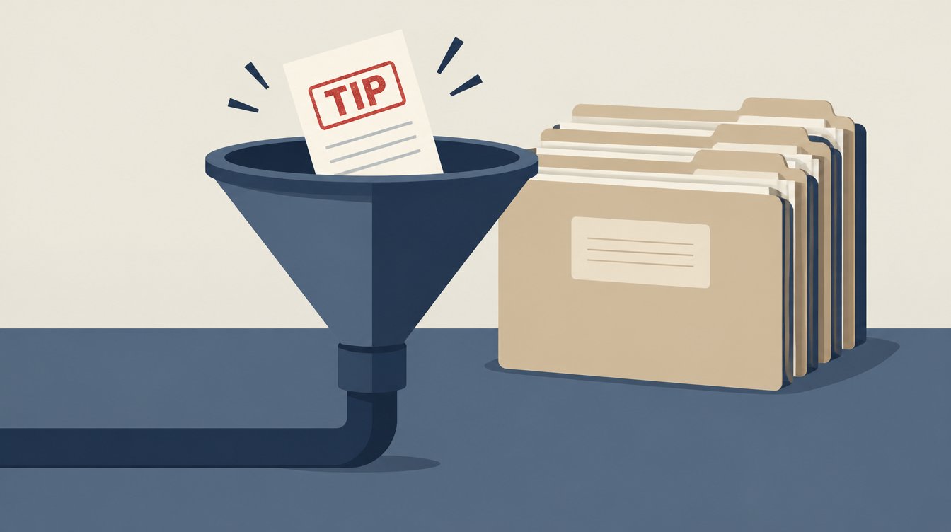 A paper slip stamped TIP dropping into a spam-filter funnel in front of a row of case files.