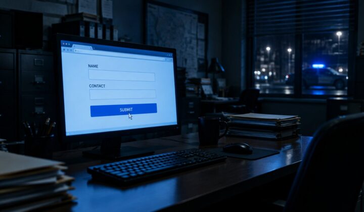 Dark police records office with a web form on a monitor, NAME and CONTACT fields empty, cursor over SUBMIT.