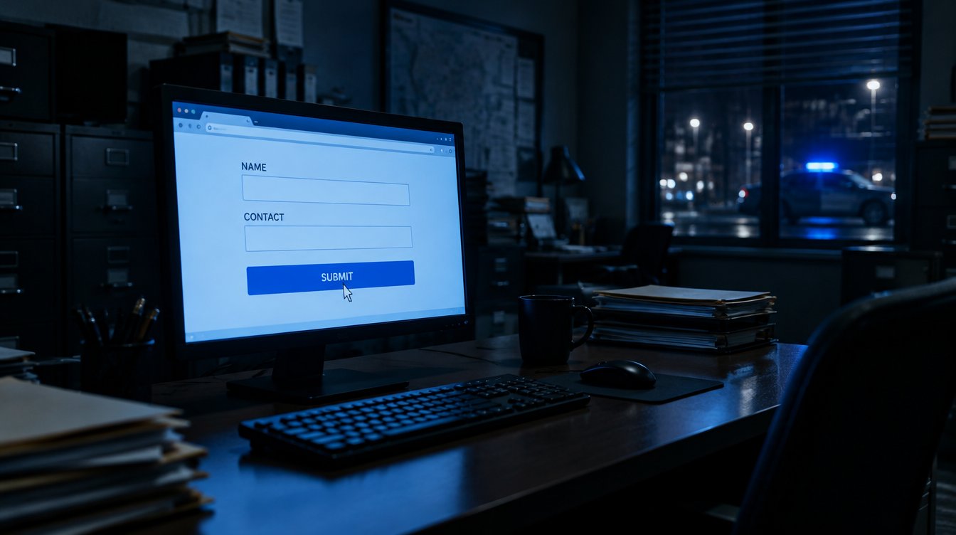 Dark police records office with a web form on a monitor, NAME and CONTACT fields empty, cursor over SUBMIT.