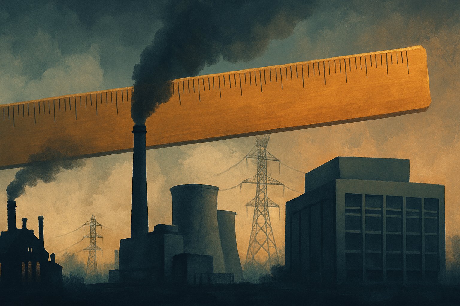A giant ruler laid across steam age, electric age and modern data center silhouettes