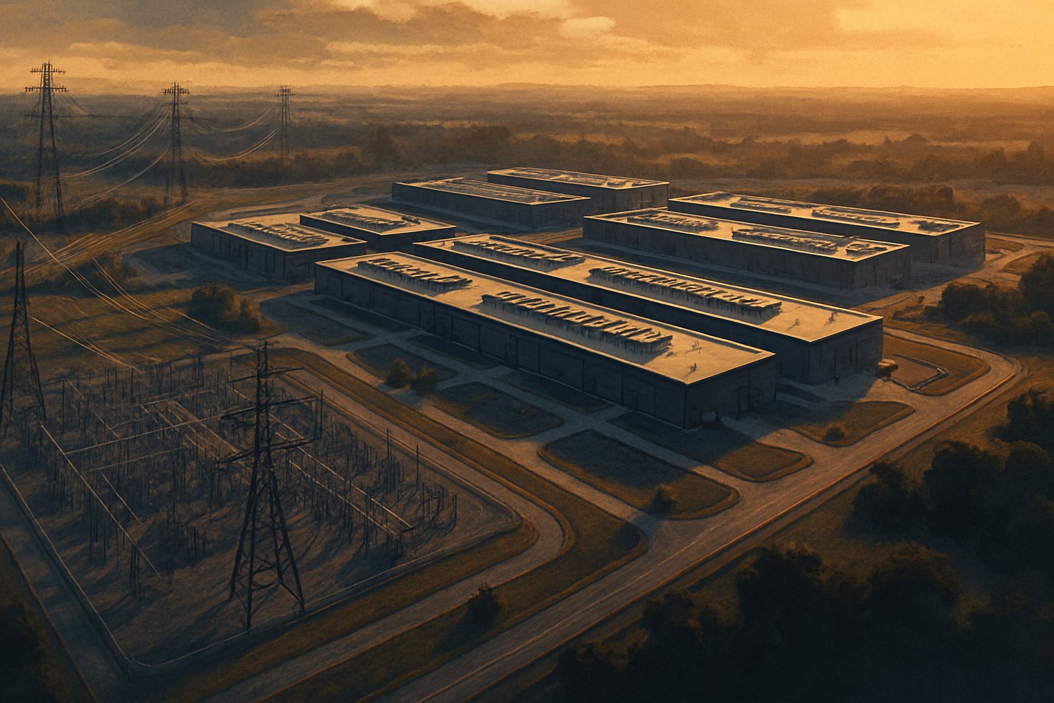 Aerial view of a gigawatt scale data center campus beside a substation at golden hour