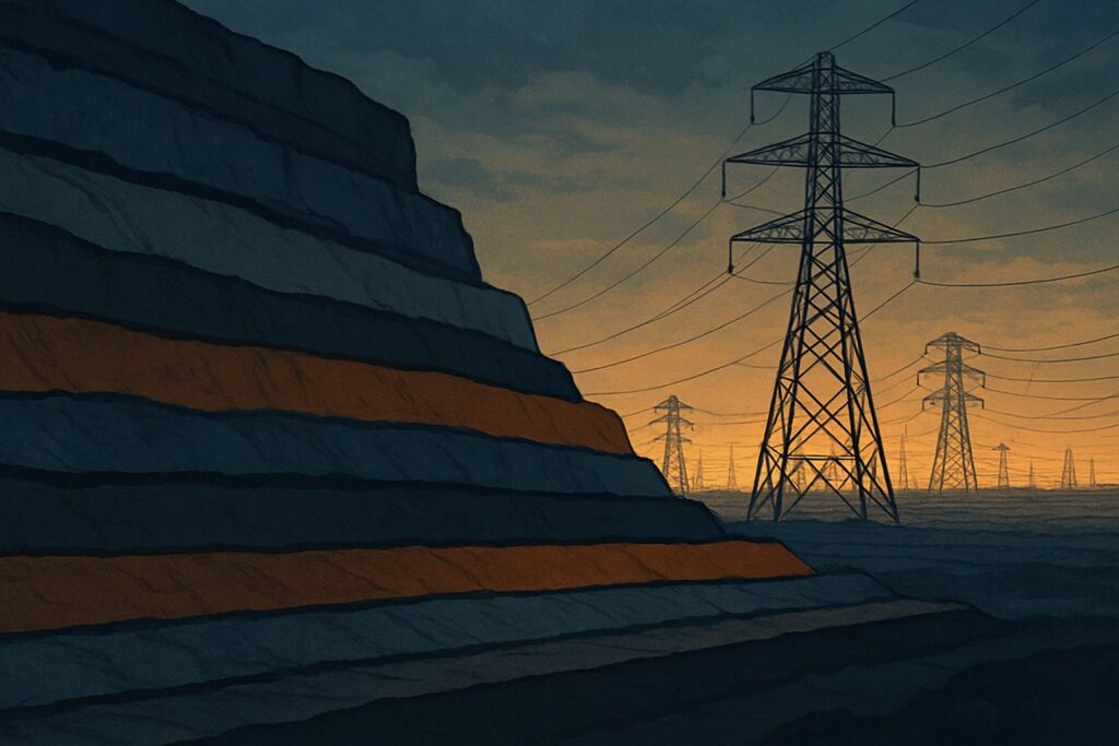 Layered geological strata of different eras converging on a glowing horizon lined with power transmission towers