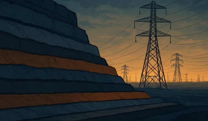 Layered geological strata of different eras converging on a glowing horizon lined with power transmission towers