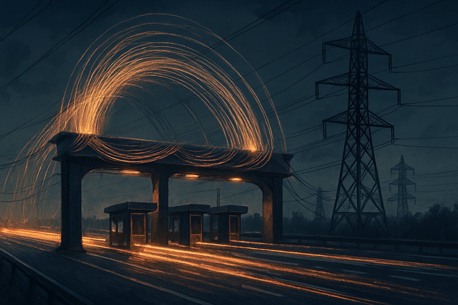 A toll gateway on a highway made of fiber optic cables and power lines