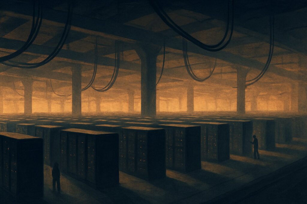 A factory floor of server racks in long rows fed by thick overhead transmission lines