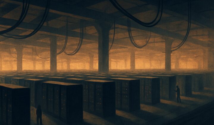 A factory floor of server racks in long rows fed by thick overhead transmission lines