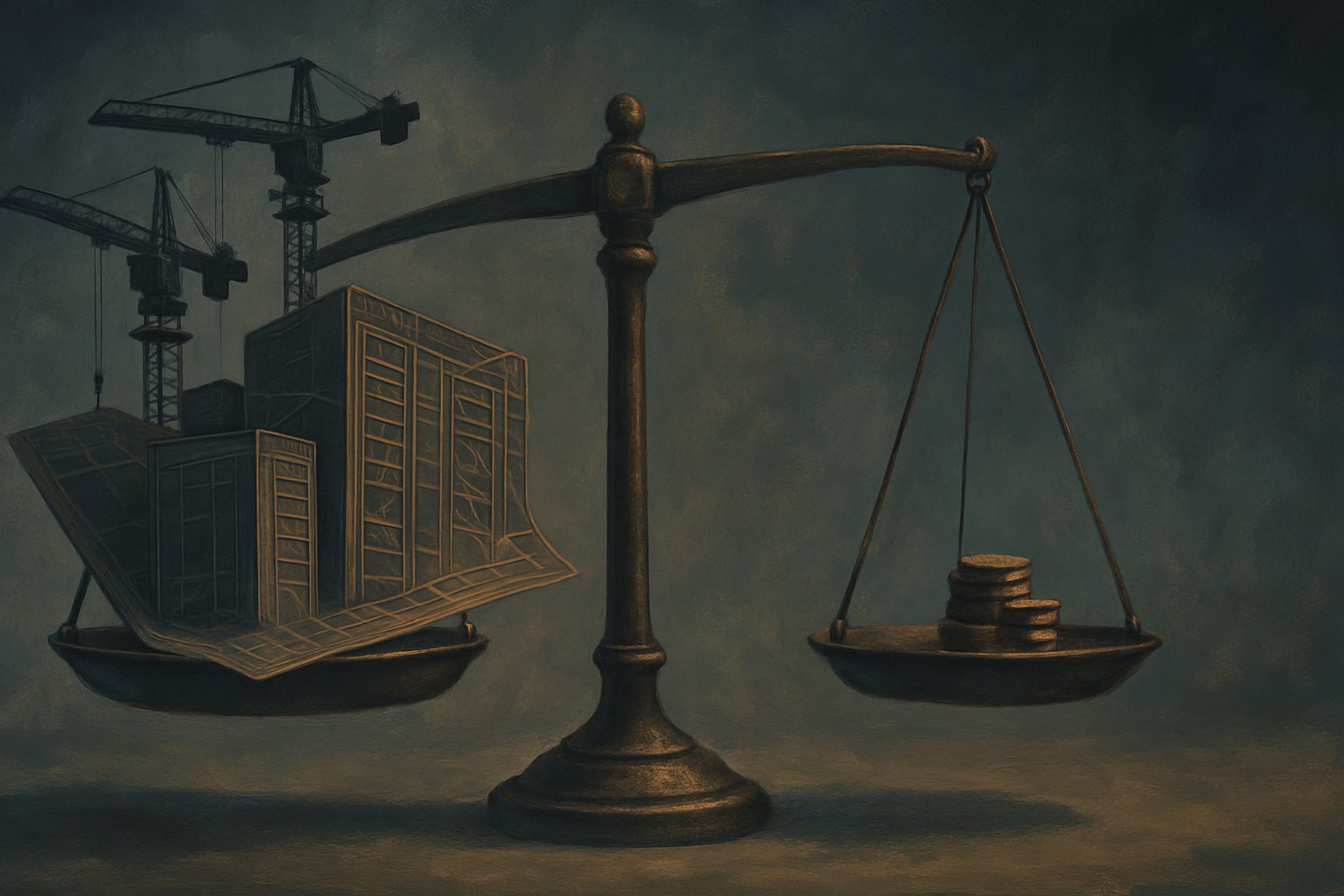 A balance scale with construction cranes and blueprints on one side and a small pile of coins on the other