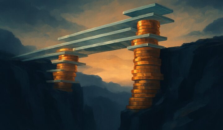 A bridge of stacked coins and glass slabs spanning a dark gap between two cliffs at dawn